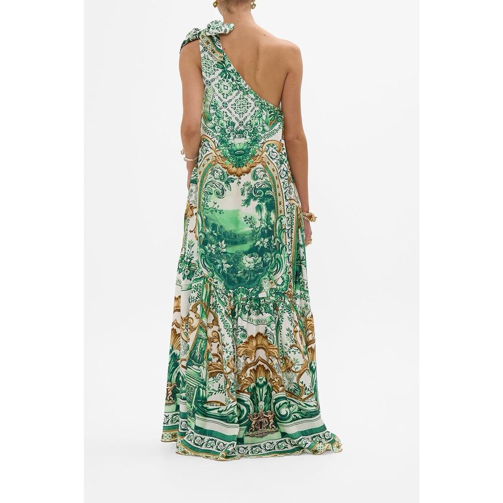 NWT Camilla Corridor Of Calm Green Silk One Shoulder Tie Maxi Dress sz M L - Picture 2 of 15